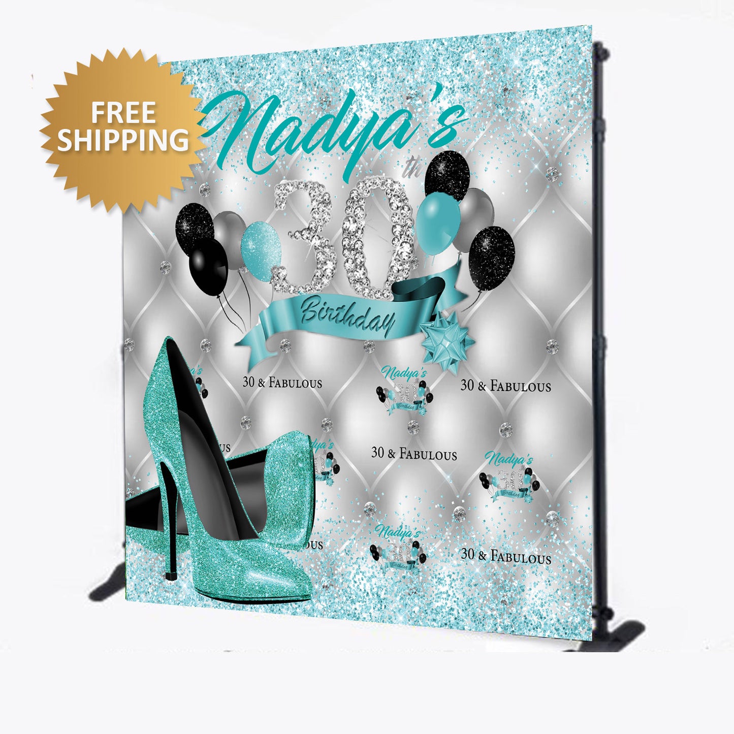 Birthday Party Heels Theme Step and Repeat teal glitter backdrop