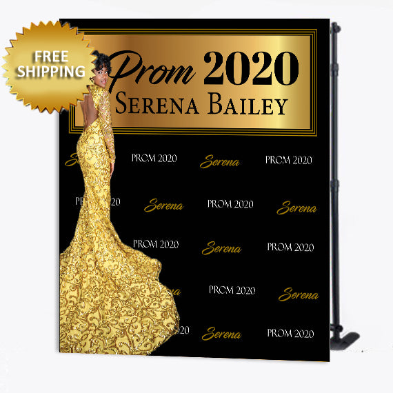 Black and gold 2020 prom step and repeat backdrop with photo