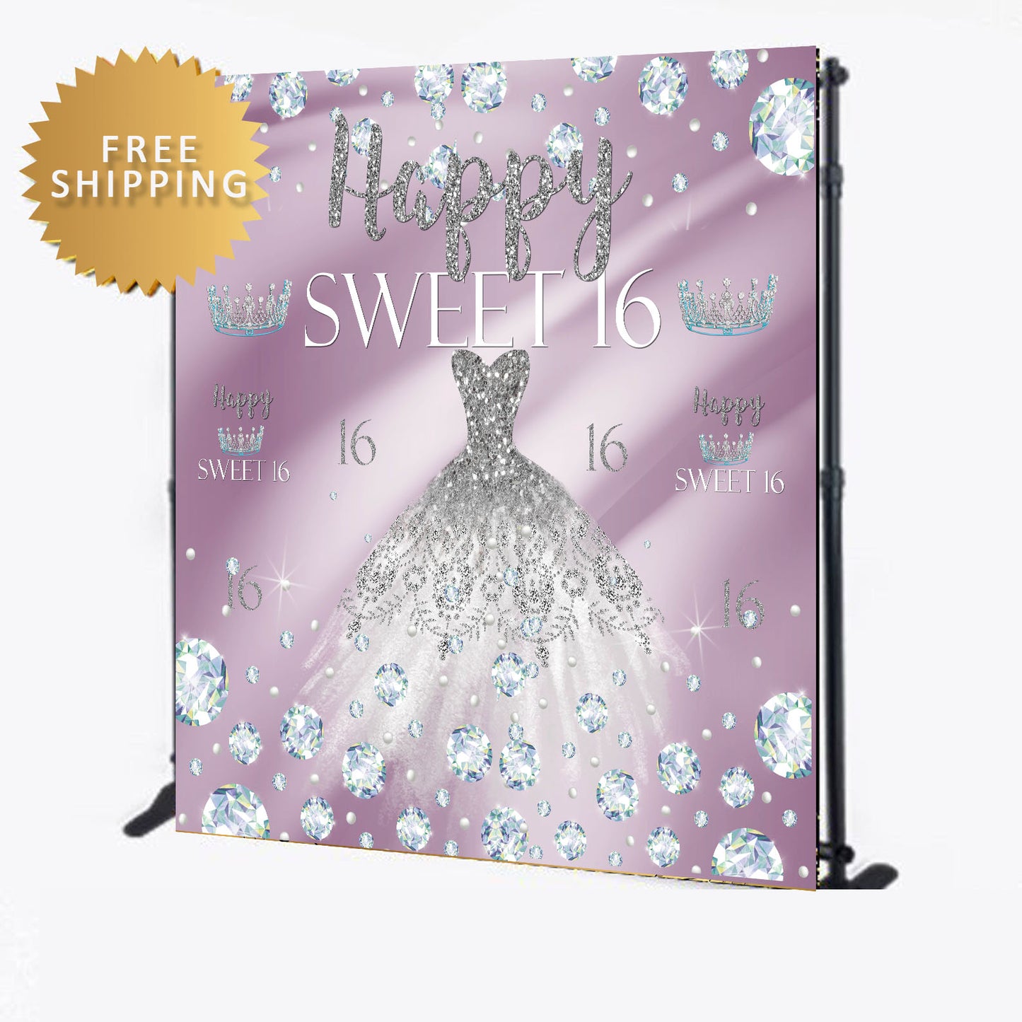 Sweet 16 birthday Princess step and repeat with dress and diamonds