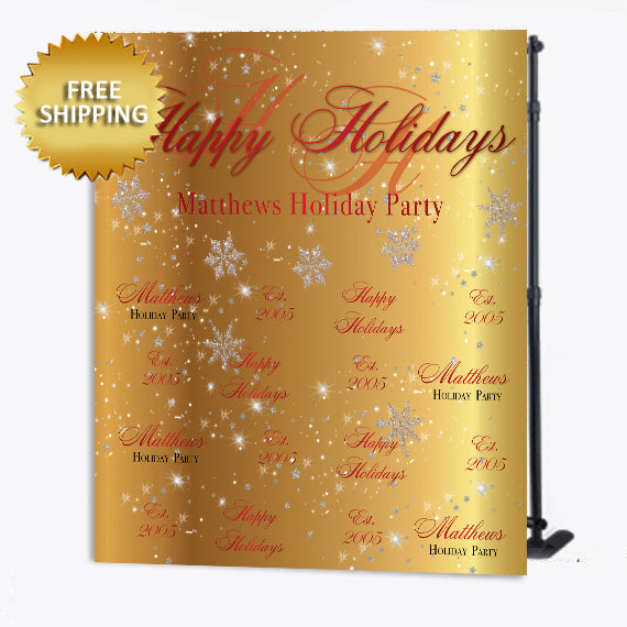Holiday Party Gold and Red Snowflake Custom Step and Repeat Backdrop