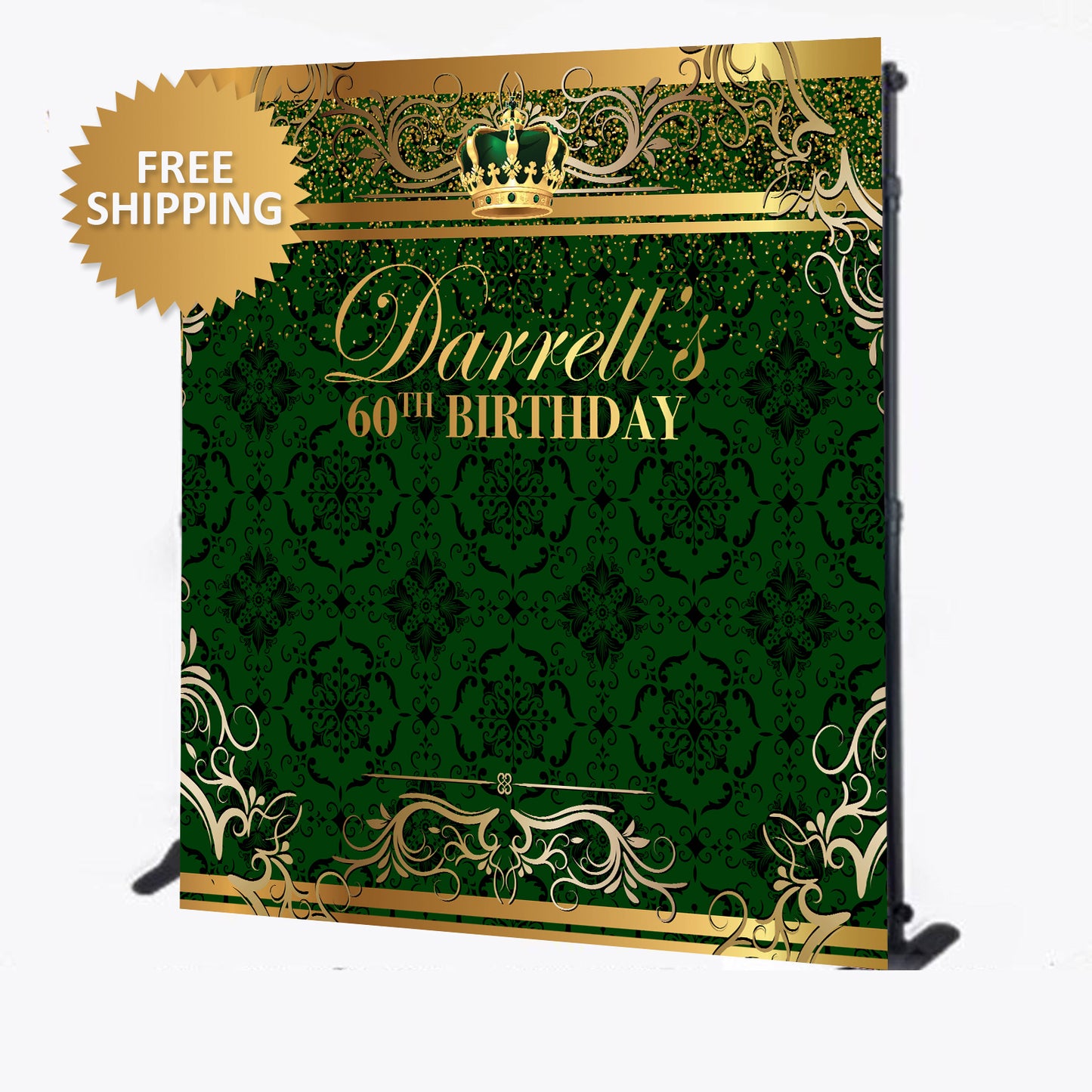 60th Birthday Green and Gold Custom Step and Repeat Backdrop with crown