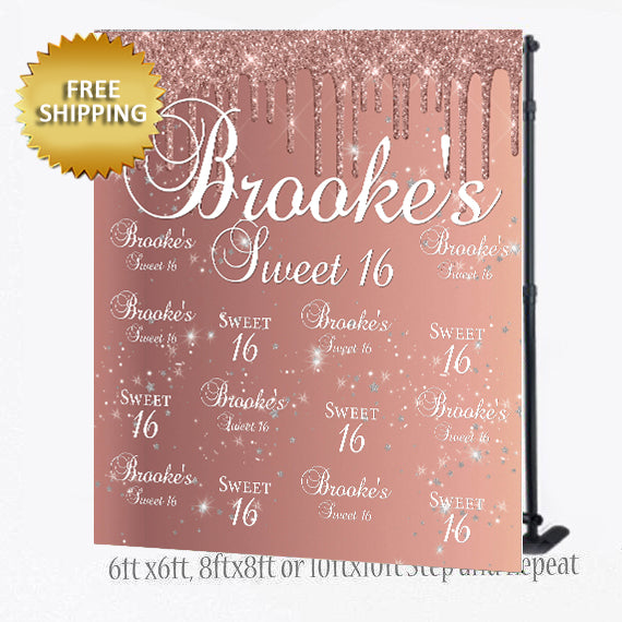 Sweet 16th Dripping Glitter Birthday Party Custom Step and Repeat Backdrop