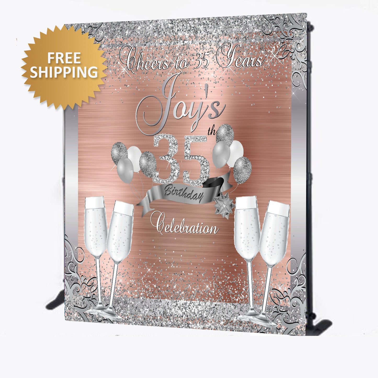 35th Birthday Custom Step and Repeat Rose Gold and Silver Glitter Backdrop