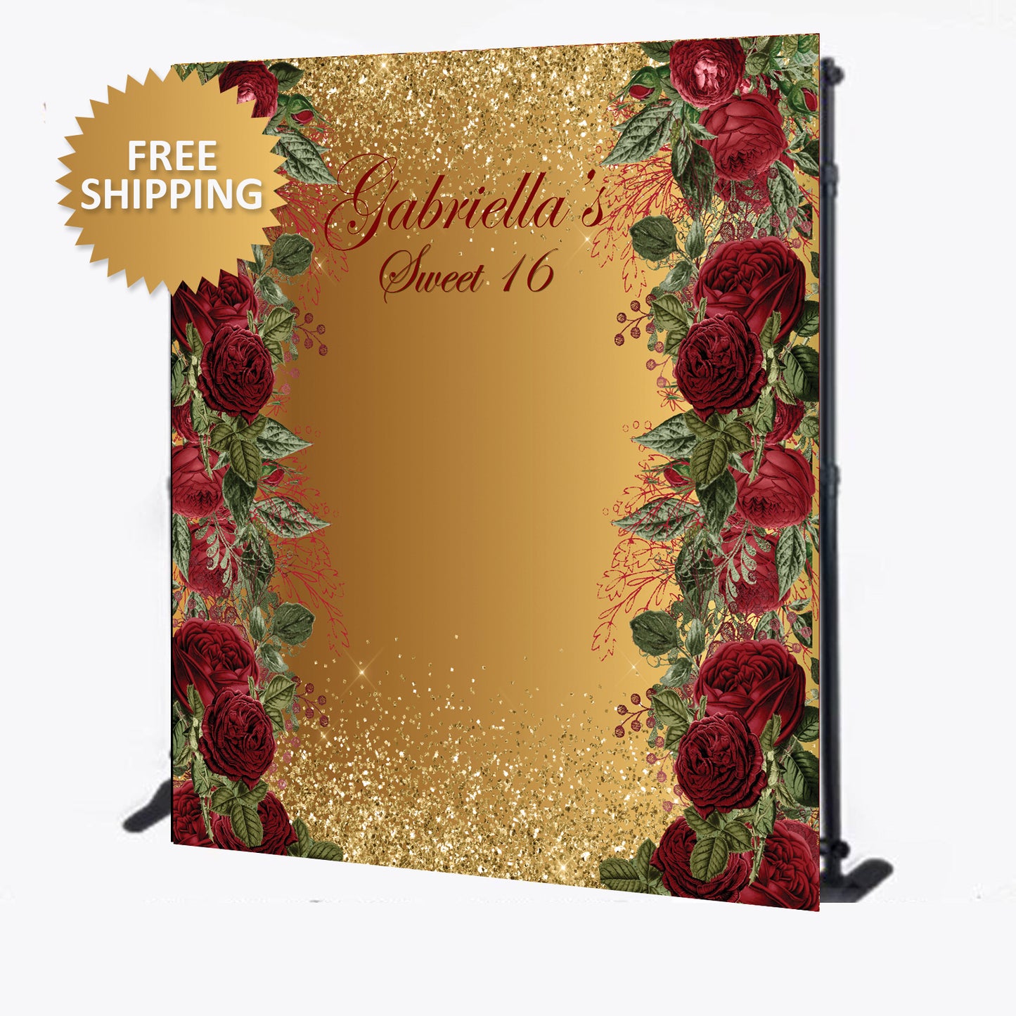 Gold Rose Floral Sweet 16 Custom Step and Repeat Backdrop