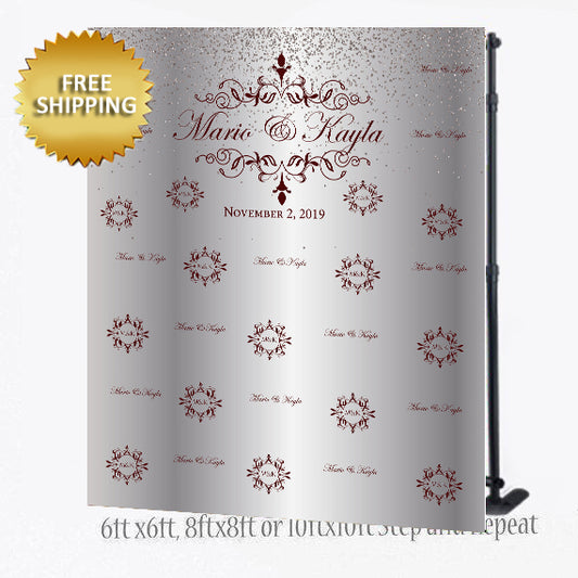 Wedding Silver and Burgundy Custom Step and Repeat Backdrop