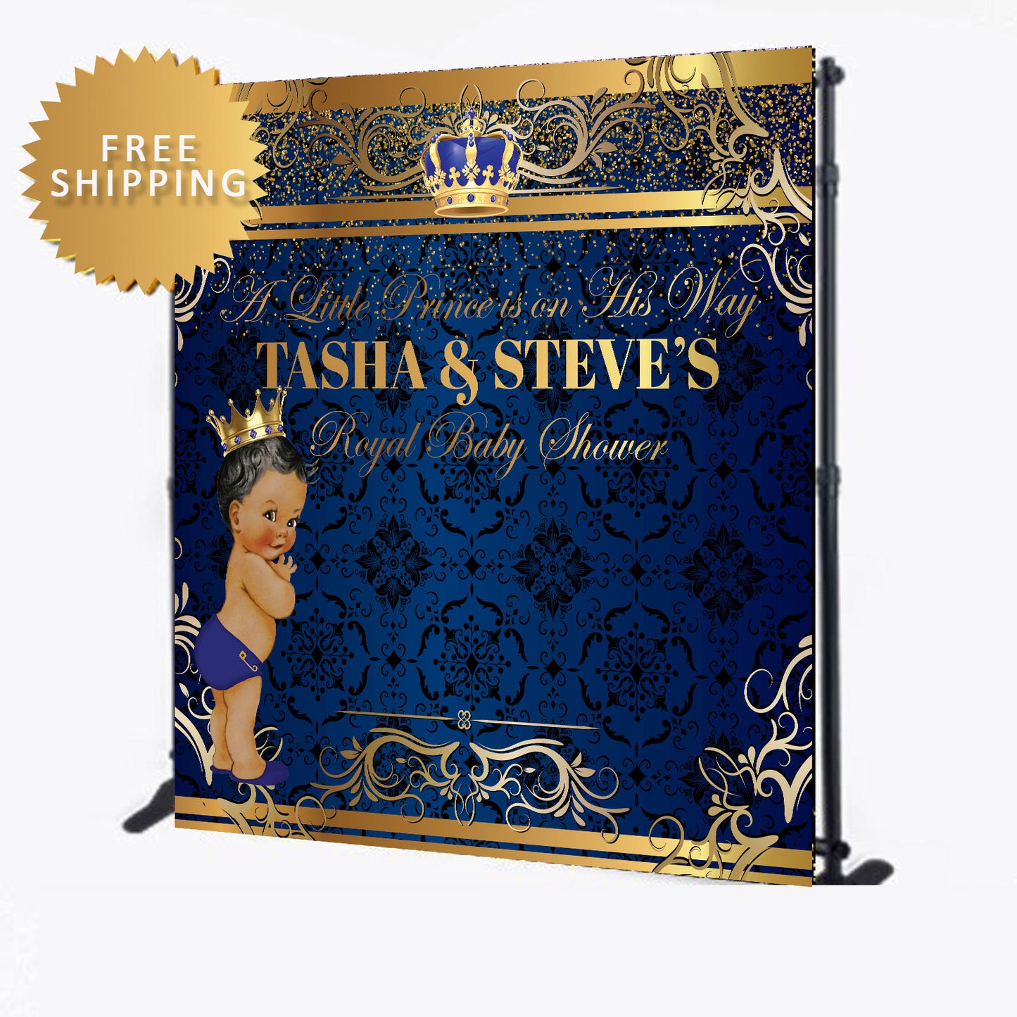 Blue and gold royal prince baby shower step and repeat backdrop