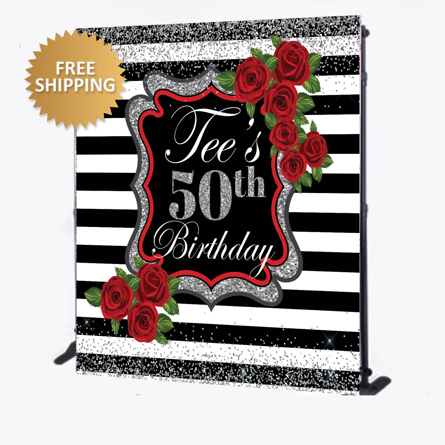 50th Birthday Floral Rose and Stripes Custom Step and Repeat backdrop