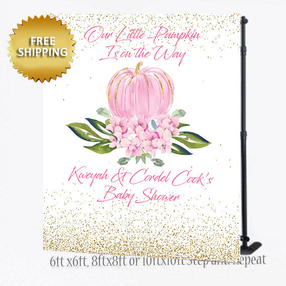 Pumpkin Theme Baby Shower Step and Repeat Backdrop - Baby Girl Pink