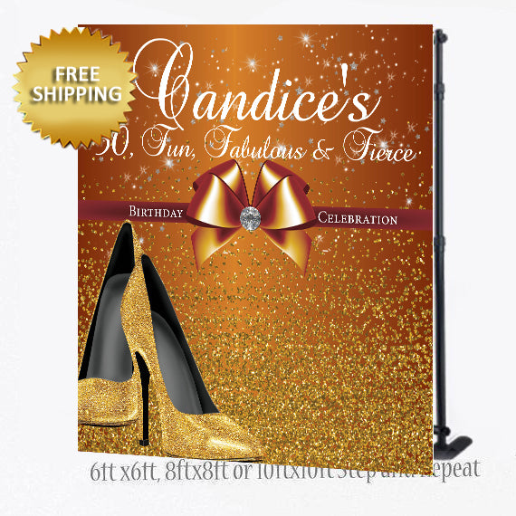 50th Fun Fabulous and Fierce Gold Custom Step and Repeat backdrop