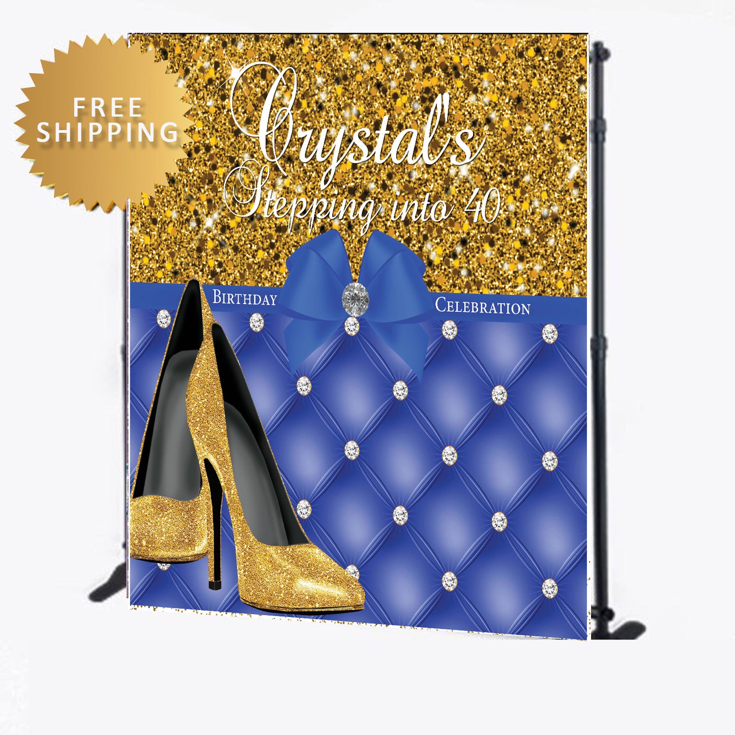 40th Birthday Blue and Gold Tufted Custom Step and Repeat Backdrop