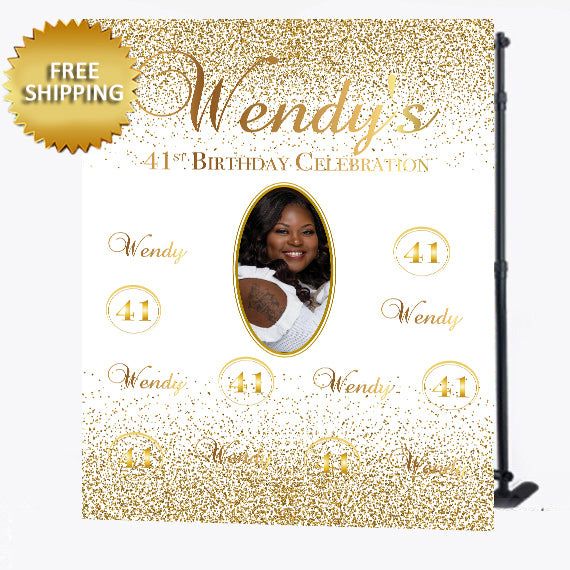 Birthday Custom Step and Repeat Gold Glitter Backdrop with Photo