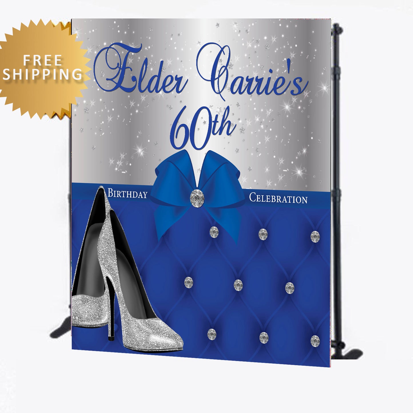 60th Birthday Blue Tufted Custom Step and Repeat Backdrop