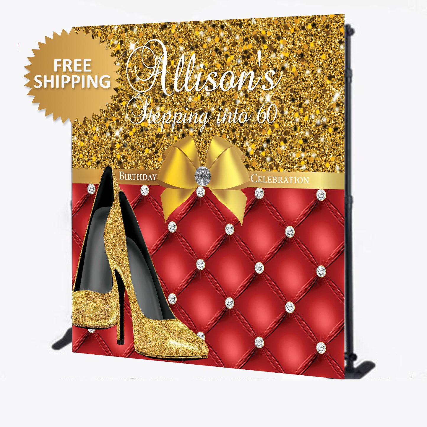 60th Birthday Red and Gold Heels Tufted Custom Step and Repeat Backdrop