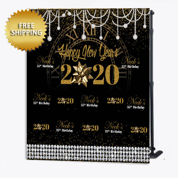 New Year Holiday Party Gold Custom Step and Repeat Backdrop