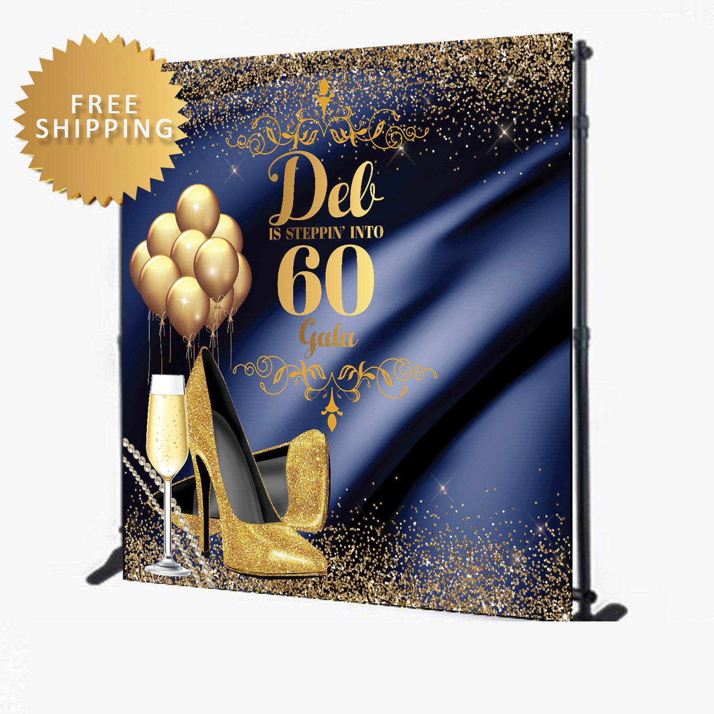 Elegant 60th Birthday Blue and Gold Step and Repeat Backdrop