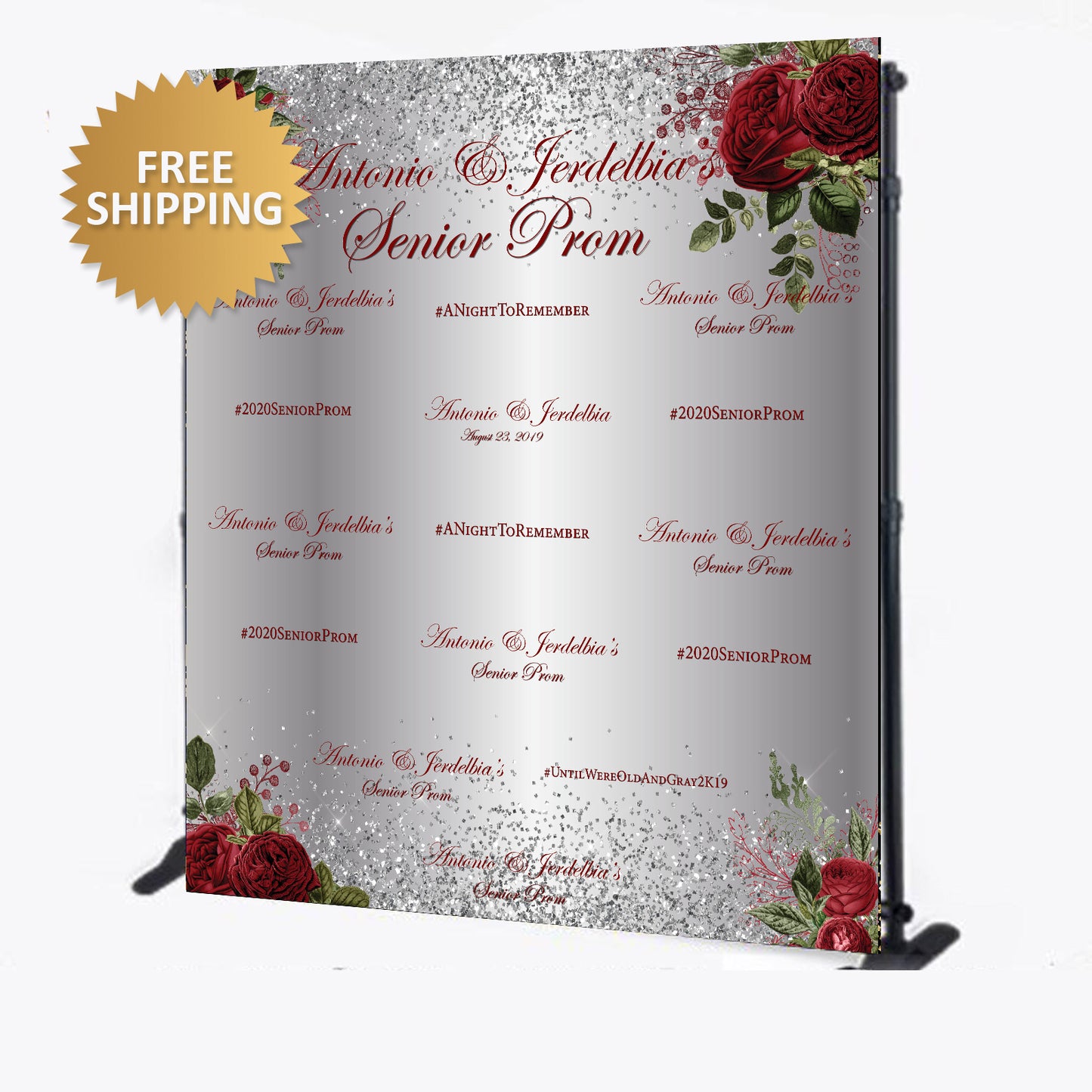 Prom 2020 Rose Theme custom step and repeat silver glitter backdrop
