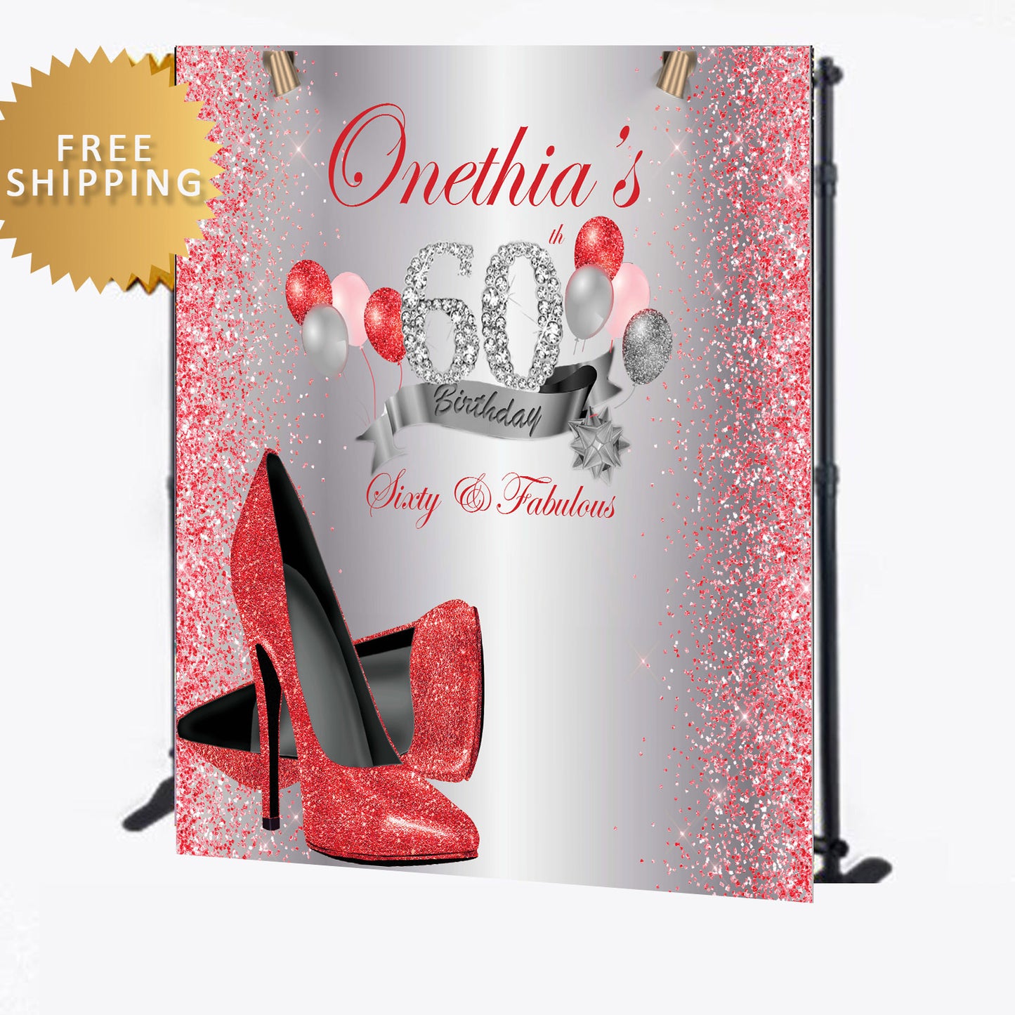 60th Birthday Red and Silver Custom Step and Repeat Backdrop