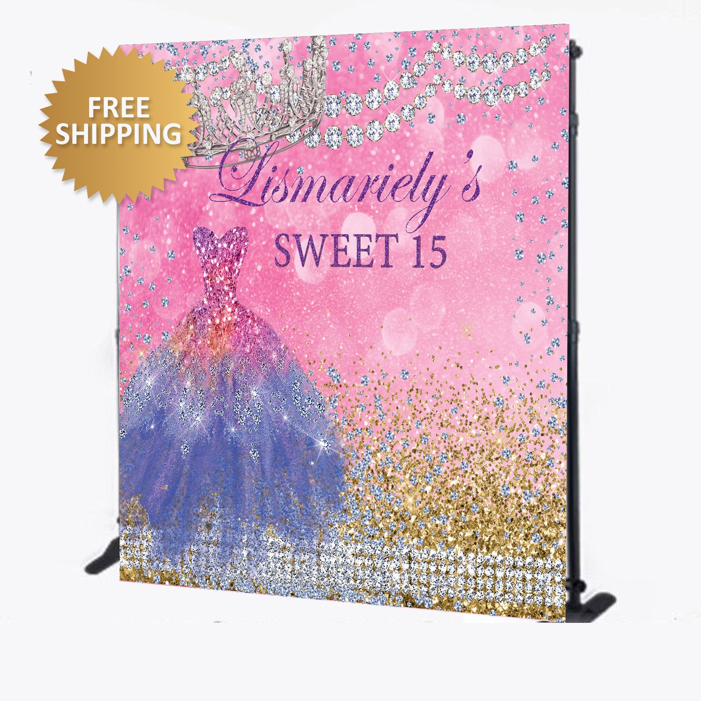 Sweet 16 Birthday Cinderella Dress and Crown step and repeat pink backdrop