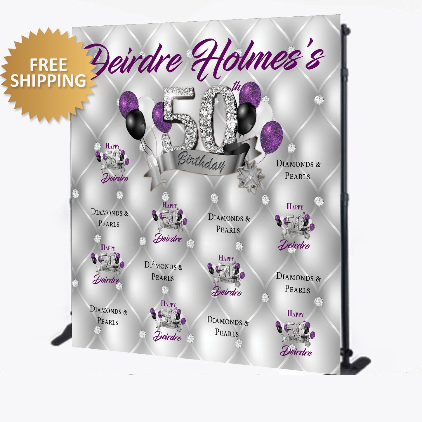 50th Birthday Diamond and Pearls Custom Step and Repeat Backdrop