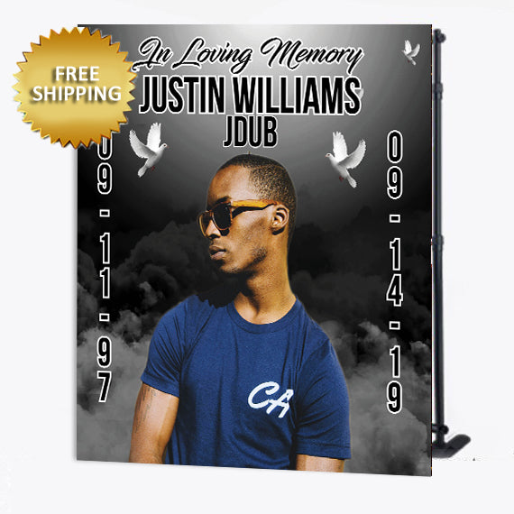 In memory Dove Funeral step and repeat backdrop with photo