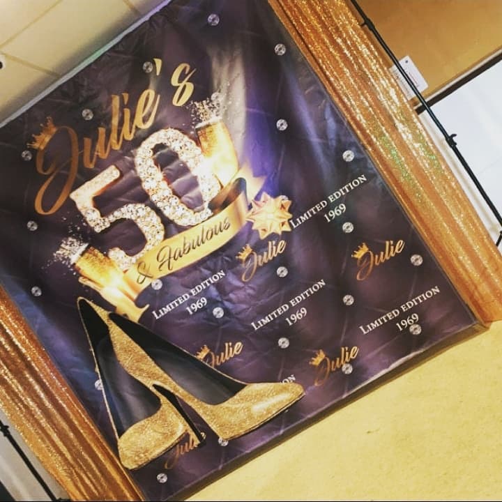 Black and Gold 50th Birthday Party Tufted Step and Repeat Backdrop