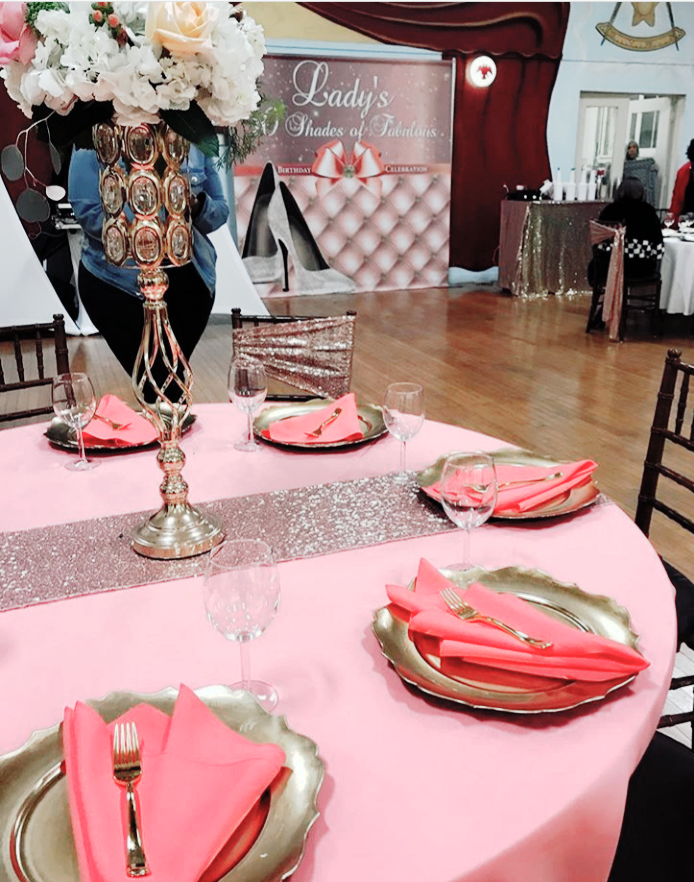 Rose Gold Glittery Step and Repeat Backdrop for 50th birthday