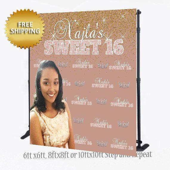Rose Gold Backdrop, Sweet 16 Backdrop, Rose gold and gold Back drop, Princess BackdropSweet 16 Backdrop, 8x8 Photo Booth Step and Repeat,