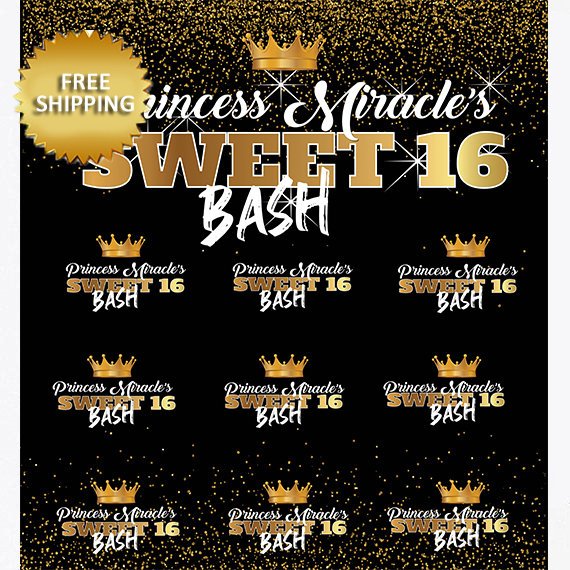 Sweet 16 Step and Repeat backdrop, Black and gold Backdrop, 16th Birthday Backdrop, Photo Props, Photo Booth Step and Repeat Backdrop