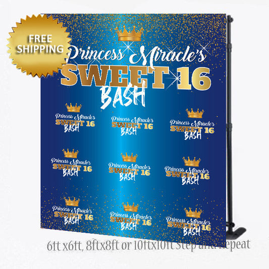 Blue and Gold Sweet 16 Step and Repeat backdrop, Sweet 16 Backdrop, 16th Birthday Backdrop, Photo Props,Photo Booth Step and Repeat Backdrop