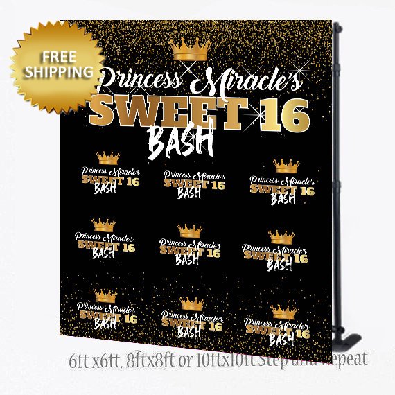 Sweet 16 Step and Repeat backdrop, Black and gold Backdrop, 16th Birthday Backdrop, Photo Props, Photo Booth Step and Repeat Backdrop