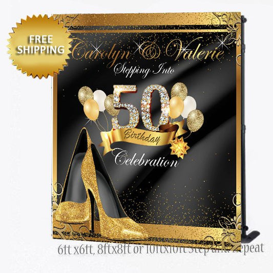 50th Birthday Step and Repeat, Gold Heels Backdrop, Birthday Backdrop, Photo Booth Step and Repeat Backdrop, 50 and Fabulous Backdrop