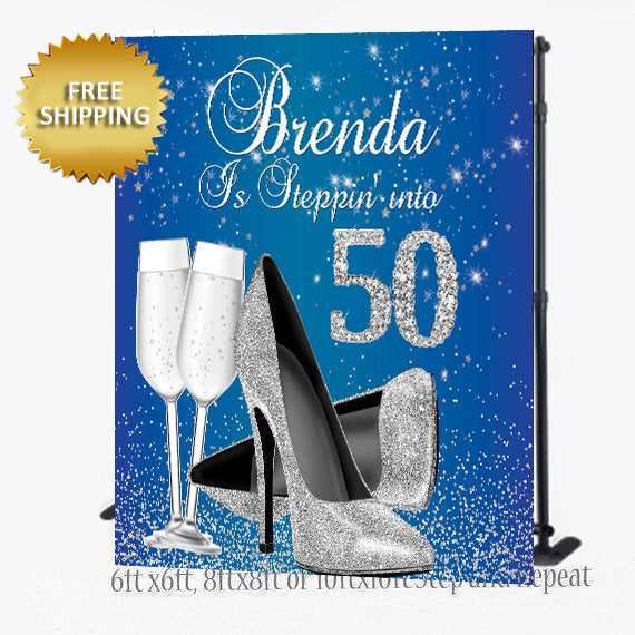 50th birthday backdrop,50th Step and Repeat, Prom backdrop, Blue and silver backdrop, step and repeat Birthday, Step and repeat backdrop