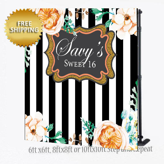 Sweet 16 Step and Repeat, Floral backdrop, backdrop, Bridal Shower backdrop, Birthday Backdrop,Black and white strips Step and repeat
