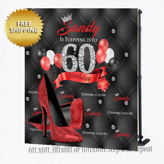 Red backdrop, 50th Birthday Step and Repeat, Tufted, 40th Birthday Backdrop, Heels Step and Repeat Backdrop, silver heels, backdrop custom
