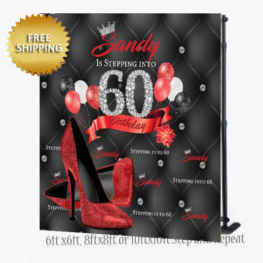 Red backdrop, 50th Birthday Step and Repeat, Tufted, 40th Birthday Backdrop, Heels Step and Repeat Backdrop, silver heels, backdrop custom