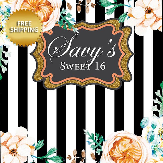 Sweet 16 Step and Repeat, Floral backdrop, backdrop, Bridal Shower backdrop, Birthday Backdrop,Black and white strips Step and repeat