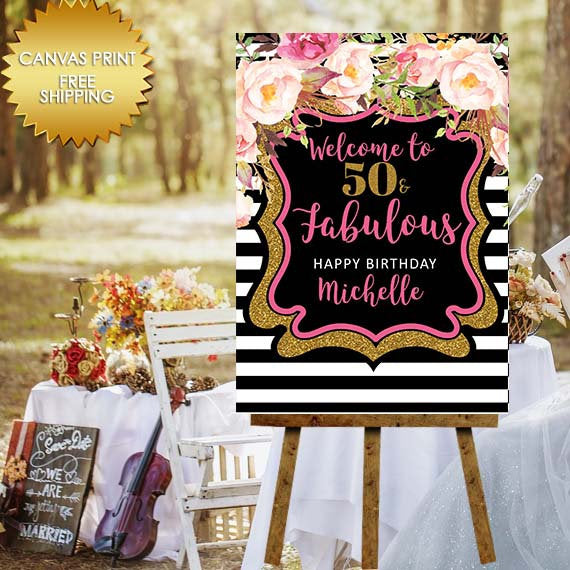 Poster Board Bridal Shower Canvas, Welcome Sign,Canvas Print Wedding Sign, Black and White Stripes Sign, Guest book canvas, 50 and fabulous