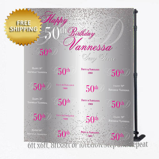 50 and fabulous Birthday backdrop, 50th Birthday Backdrop, hot pink step and repeat, 50th birthday banner, step and repeat custom