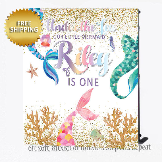 Mermaid backdrop, Our little mermaid Step and Repeat, baby shower step repeat, 1st Birthday backdrop, Sweet 16 Backdrop, princess Backdrop