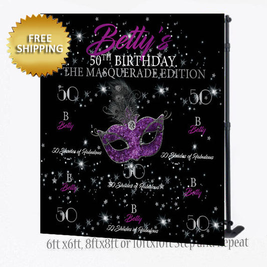 Mardi Gras Step and Repeat, Masquerade Backdrop, 50th Birthday Backdrop, Photo Booth Step and Repeat Backdrop, Mask Step and repeat custom