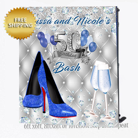 Denim and Diamonds Step and Repeat, 50th Birthday, Sweet 16 backdrop, Blue and silver ackdrop, Birthday Backdrop, Heels backdrop