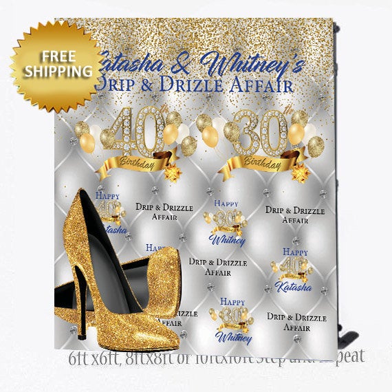Dual Birthday Step and Repeat, 50th Birthday, 40th step and repeat backdrop, Blue and gold backdrop, Birthday Backdrop, Heels backdrop