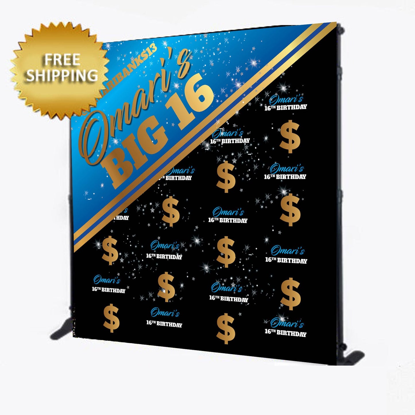 Birthday Backdrop, Sweet 16 backdrop, 16th Birthday Step and repeat backdrop, 16th Birthday Banner, step and repeat, Blue and gold backdrop