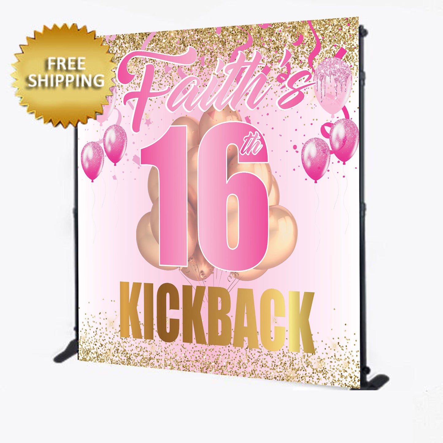 Pink and gold Birthday Backdrop, Sweet 16 backdrop, 16th Birthday Step and repeat backdrop, 16th Birthday Banner, pink gold step and repeat