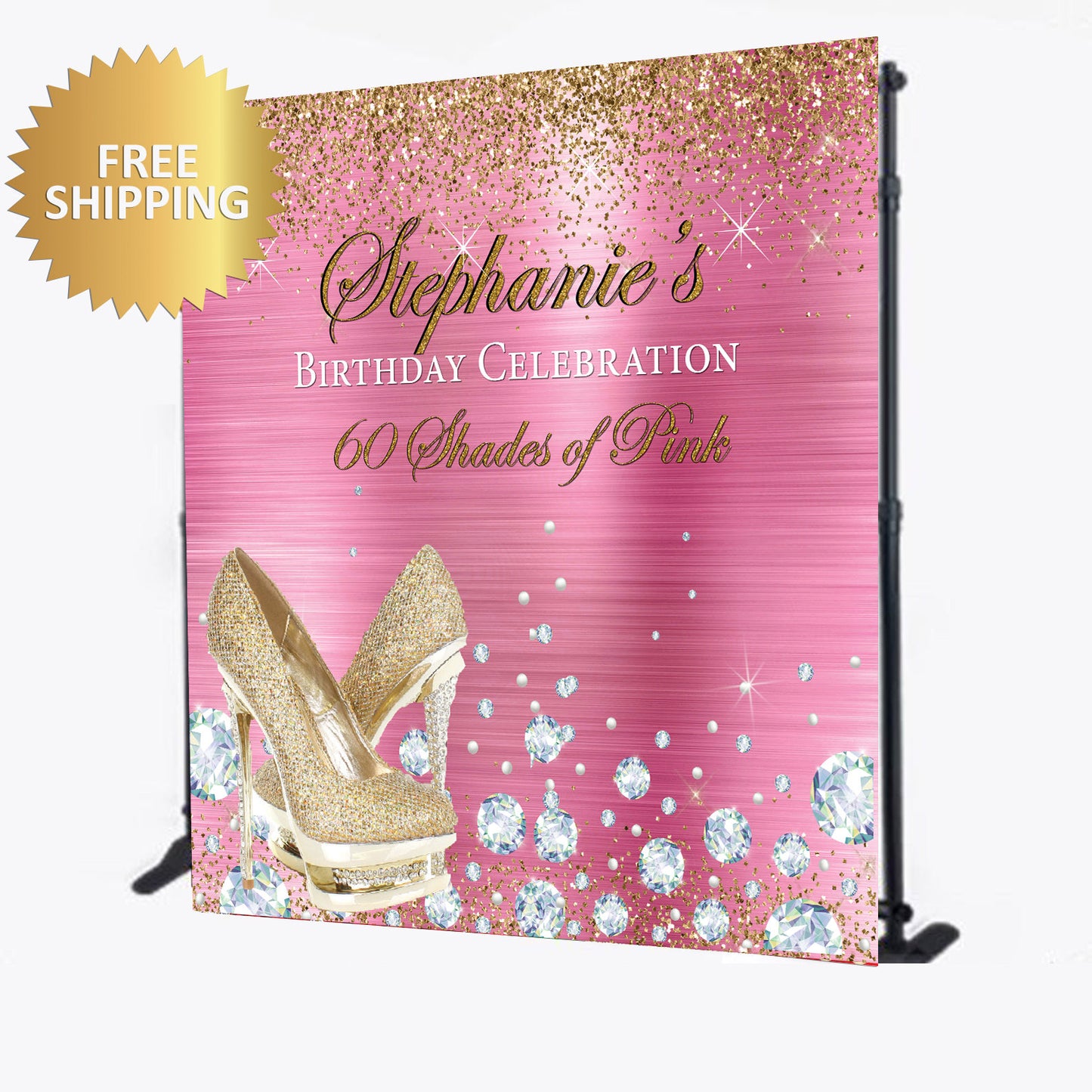 Pink and Gold backdrop, Pink Step and Repeat backdrop, Diamonds step and repeat, 50th Birthday Step and Repeat, Diamonds and heels backdrop