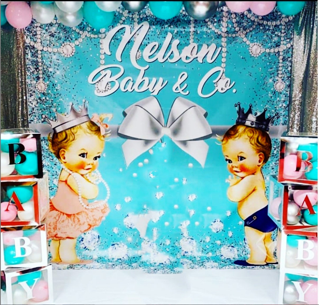 Baby Shower Backdrop, Princess Backdrop, Sweet 16 Birthday Backdrop,Royalty Back drop, Turquoise backdrop, teal backdrop, teal banner