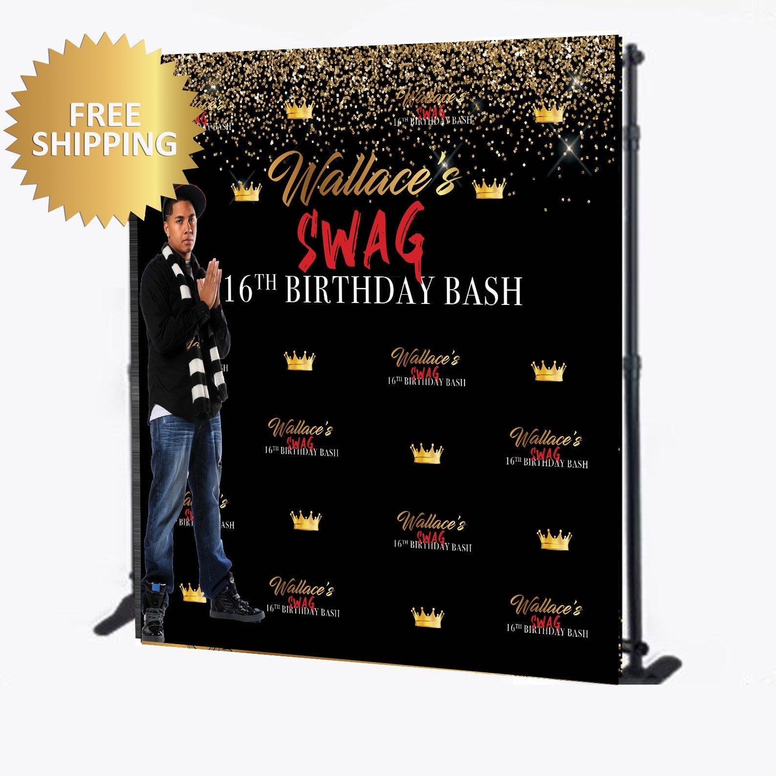 Swag 16 Birthday backdrop, Backdrop photo, Photo Step and Repeat, sweet 16 backdrop, black and red backdrop, photo birthday backdrop
