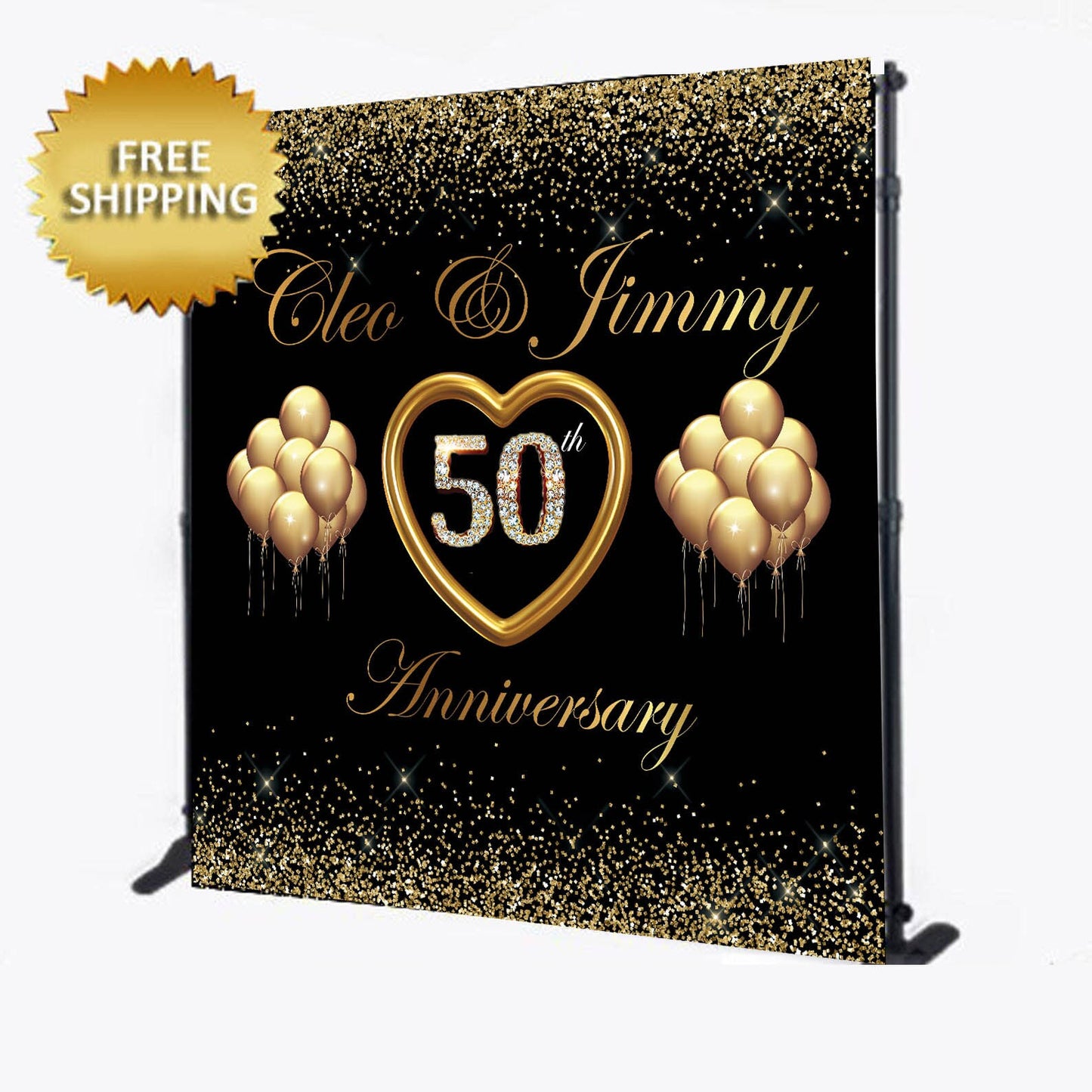 Wedding Backdrop, Anniversary backdrop. Wedding Step repeat, Anniversary Step repeat, heart Backdrop, 50th backdrop black and gold backdrop