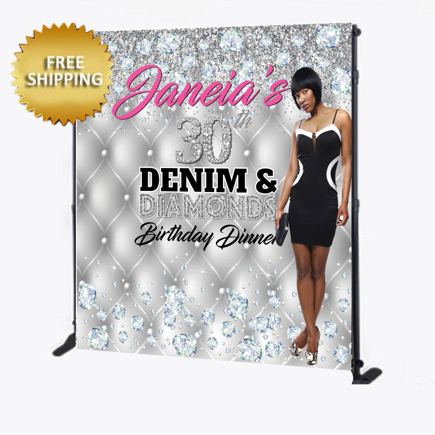 Custom Photo Birthday Backdrop, Photo step and repeat, Diamond backdrop, diamond step and repeat, Birthday backdrop, Dirty 30 backdrop