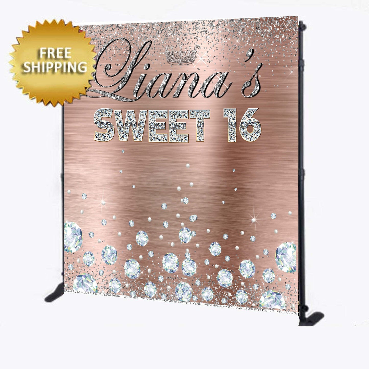 Sweet 16 backdrop, 16th Birthday backdrop, Rose Gold backdrop, Birthday Backdrop,Birthday Photobooth, Diamonds backdrop, Rose gold banner